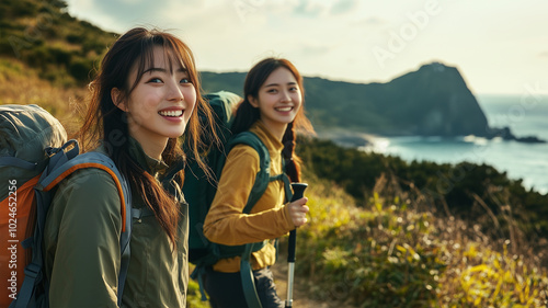 済州島・城山日出峰へハイキングする女性二人