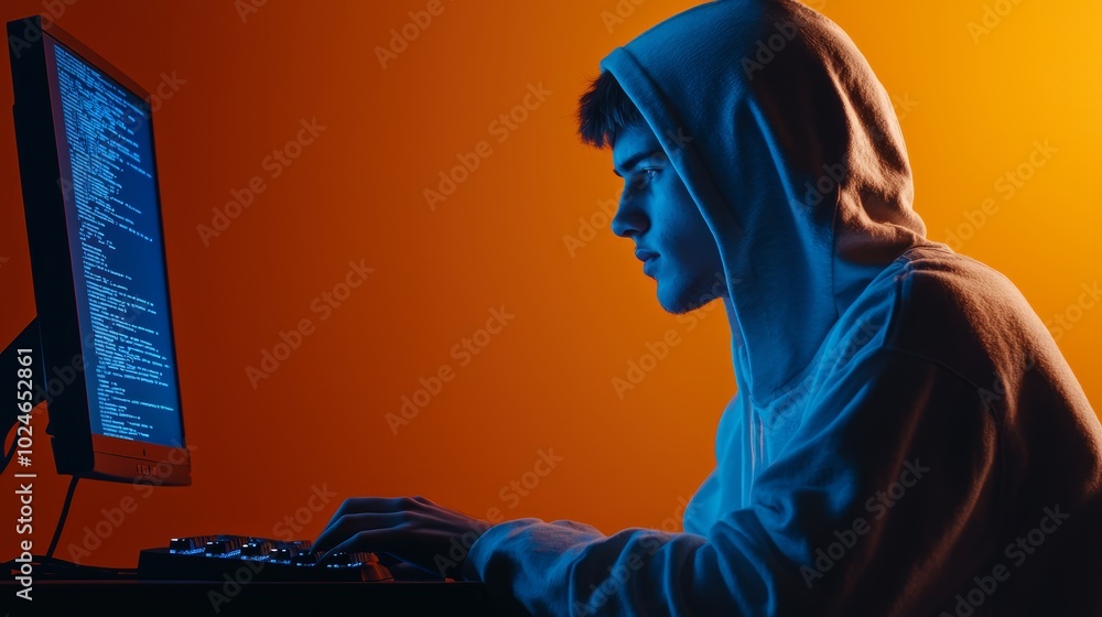 Fototapeta premium Hacker in a hoodie typing on a computer, blue light illuminating the screen with code, dark and secretive environment, cybercrime or coding theme