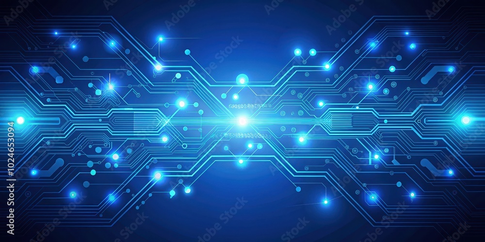 Abstract digital circuit board design with glowing lines and nodes on a dark blue background Abstract digital circuit board design with glowing lines and nodes on a dark blue background