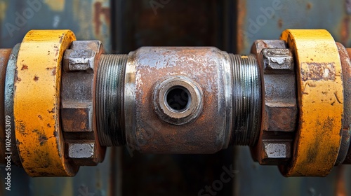 Close-up of a Rusty Industrial Pipe with Yellow Fittings photo