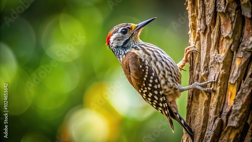 speckled piculet climbing tree trunk in the wild photo