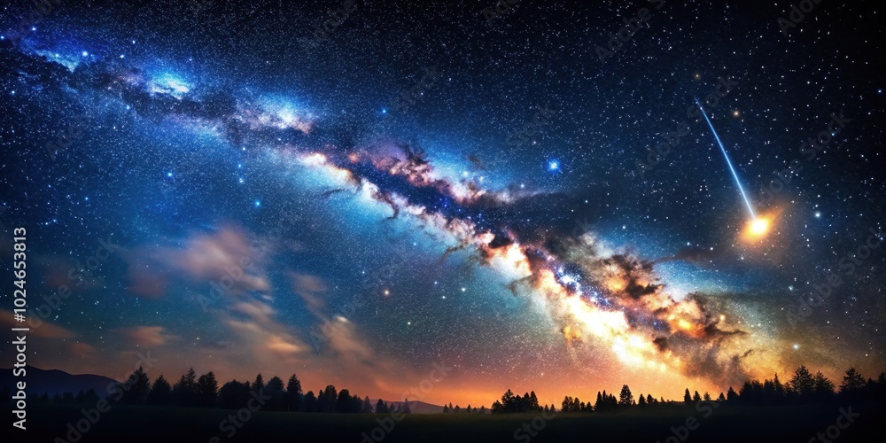 A celestial tapestry of swirling nebulae and glittering stars, a fiery streak of light cuts through the night, illuminating a distant horizon where a dark forest stands silhouetted against the cosmos A celestial tapestry of swirling nebulae and glittering stars, a fiery streak of light cuts through the night, illuminating a distant horizon where a dark forest stands silhouetted against the cosmos
