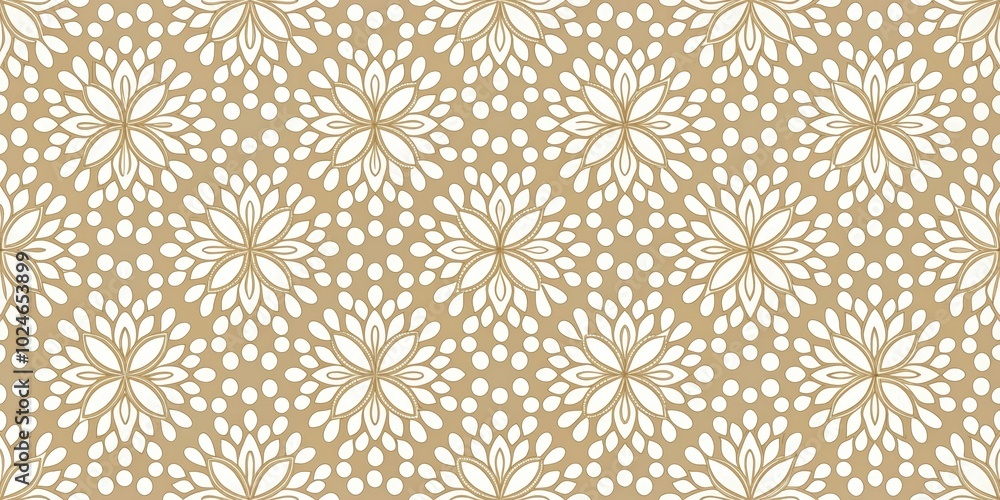 Elegant Floral Pattern with Delicate White Flowers and White Polka Dots on a Tan Background Elegant Floral Pattern with Delicate White Flowers and White Polka Dots on a Tan Background
