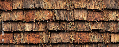  A close-up view of an old, weathered thatched roof made of dried straw and wood. photo