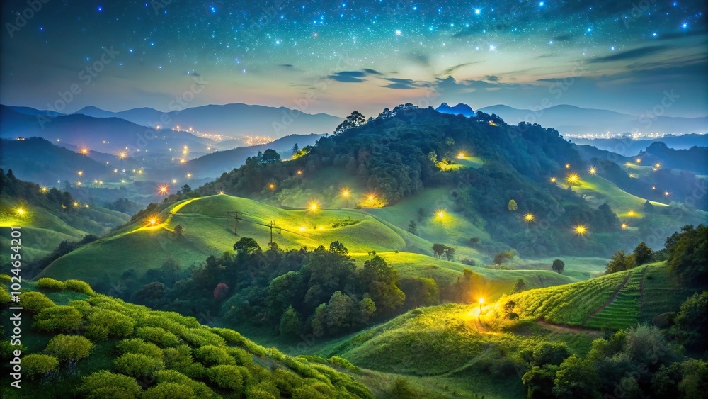 Fototapeta premium Spectacular view of a night in a hill with fireflies