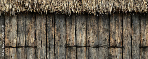  A close-up view of an old, weathered thatched roof made of dried straw and wood. photo