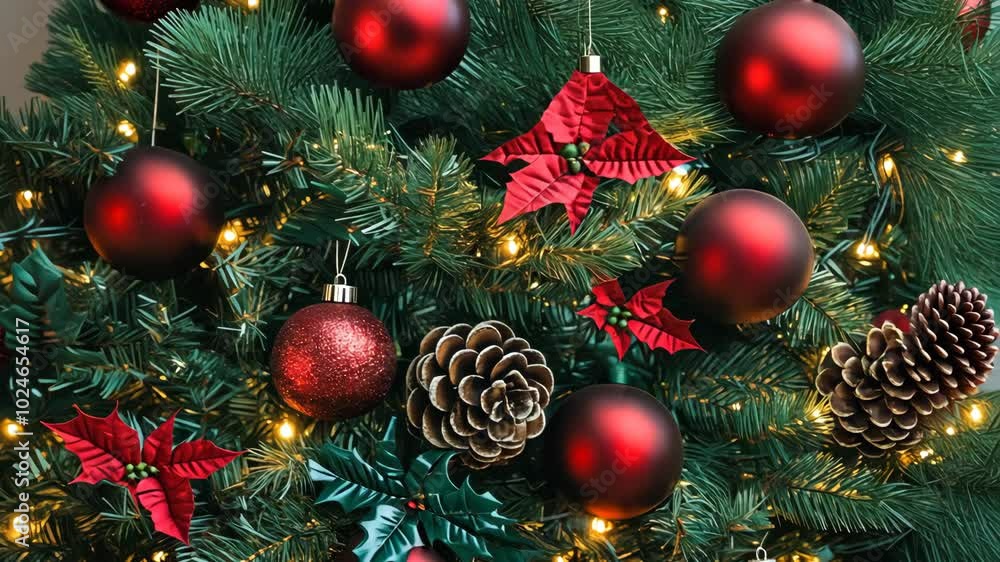 Classic Christmas tree with rich red and green ornaments, featuring shiny baubles, bells, and ribbons Classic Christmas tree with rich red and green ornaments, featuring shiny baubles, bells, and ribbons
