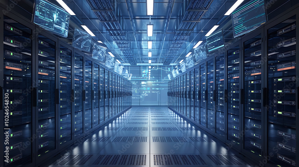 Obraz premium high-tech data warehouse, featuring rows of modern servers with blinking lights in a vast, secure facility, data center, big data