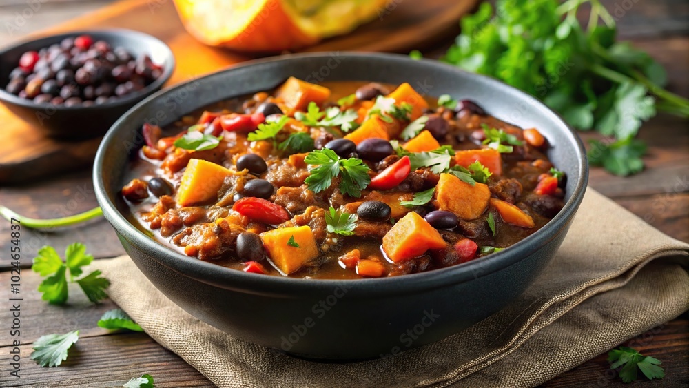 Spicy black bean and sweet potato chili in a bowl viewed from below Spicy black bean and sweet potato chili in a bowl viewed from below