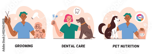 Vector illustration of veterinary and grooming services, dental care for pets, domestic animals nutrition. Flat cartoon design, perfect for pet care, vet clinics, and animal healthcare related themes