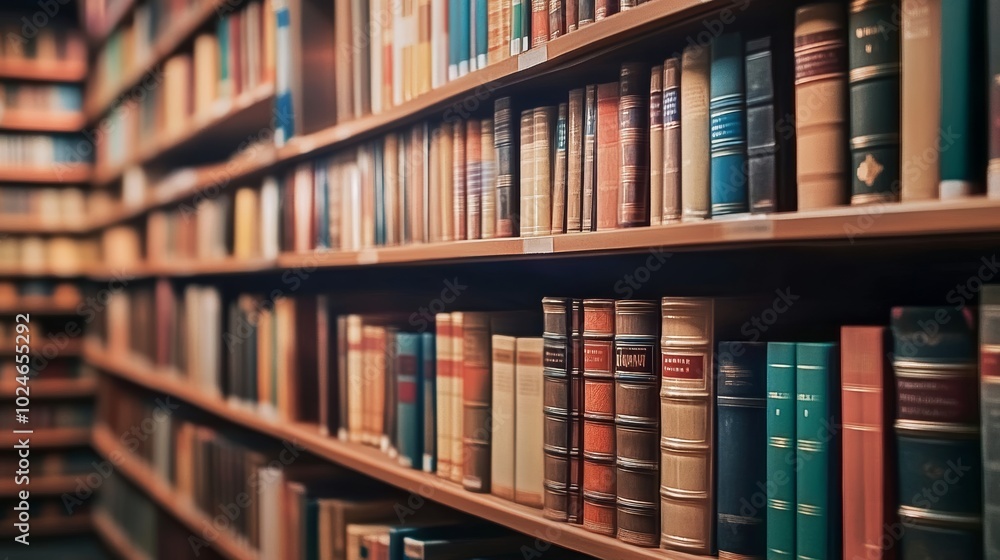 Rows of Books on Wooden Shelves in a Library, Perspective View Knowledge and Learning. Rows of Books on Wooden Shelves in a Library, Perspective View Knowledge and Learning.