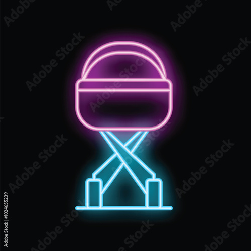 Glowing neon line baby cradle on a stand icon isolated on black background. Baby cot bed. Colorful design element. Vector illustration
