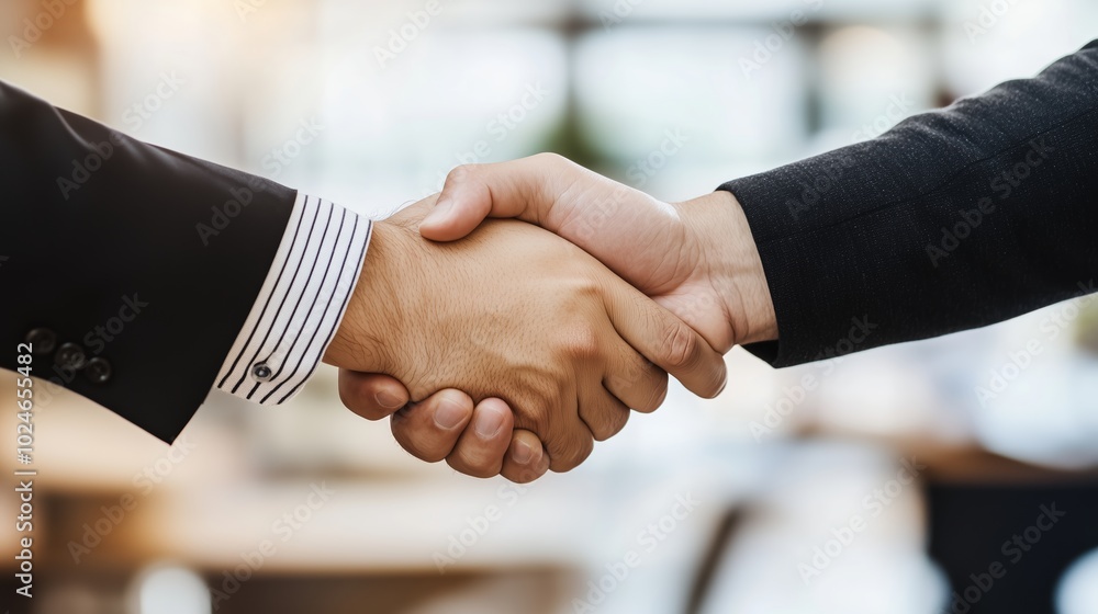Two professionals engaging in a firm handshake to signify a successful business agreement in a modern office setting Two professionals engaging in a firm handshake to signify a successful business agreement in a modern office setting
