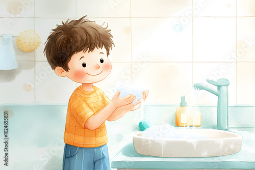 boy washing his hands with soap, illustration