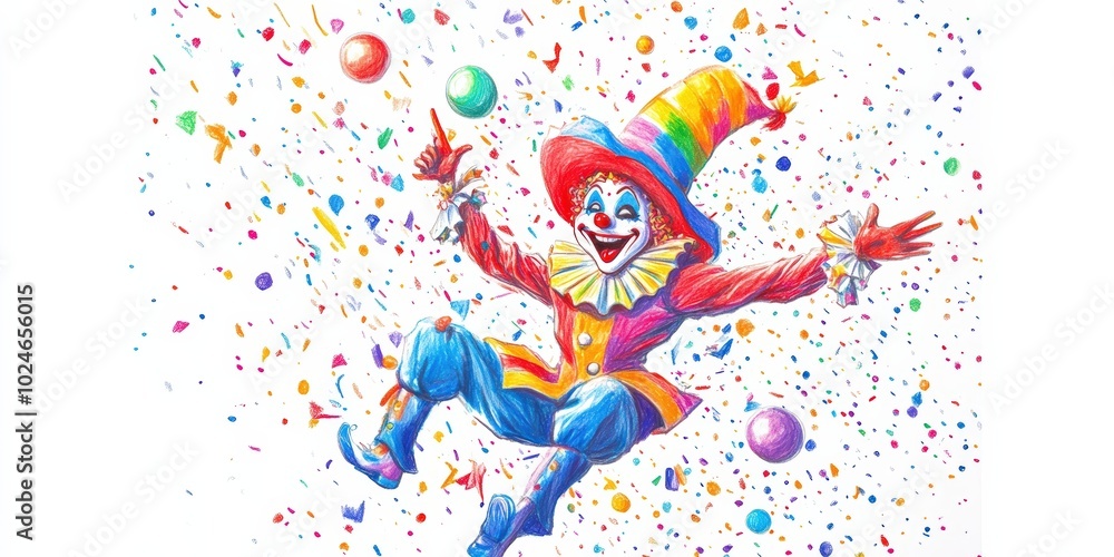 A smiling clown with confetti in the air. A smiling clown with confetti in the air.