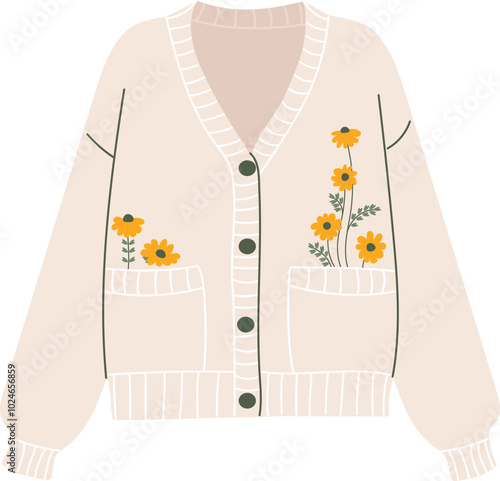 Cute vector cardigan. Warm cozy autumn clothing item.Simple funny cartoon clip art isolated on white. Hand drawn