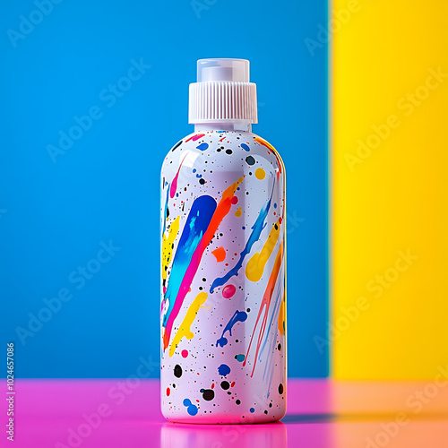 A white bottle with a colorful abstract design, featuring bright splotches and streaks of pink, blue, yellow, and orange.  The bottle is set against a blue and yellow background, adding a vibrant cont photo