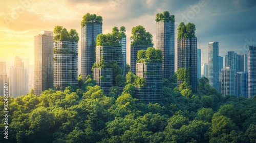 Urban Oasis, a vibrant city skyline featuring lush trees flourishing atop towering skyscrapers, blending nature with modern architecture