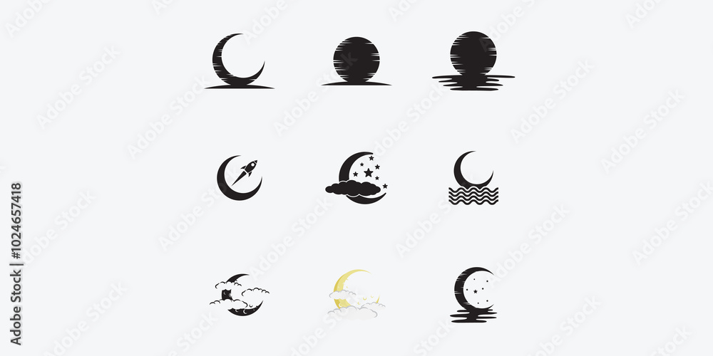 Set of Moon logo design template. Crescent moon logo. Set of Moon logo design template. Crescent moon logo.