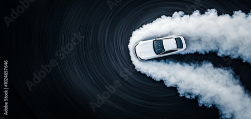 High-speed car drifting on a curving track, clouds of tire smoke trailing behind, captured from above, showcasing precision and power