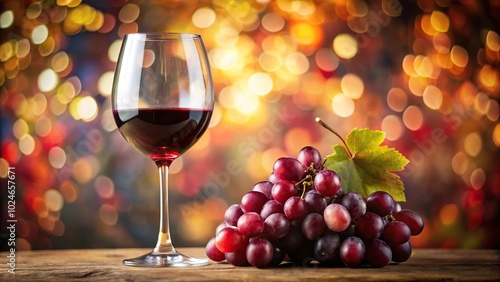 Splashing red wine glass with grapes on bokeh background fisheye image