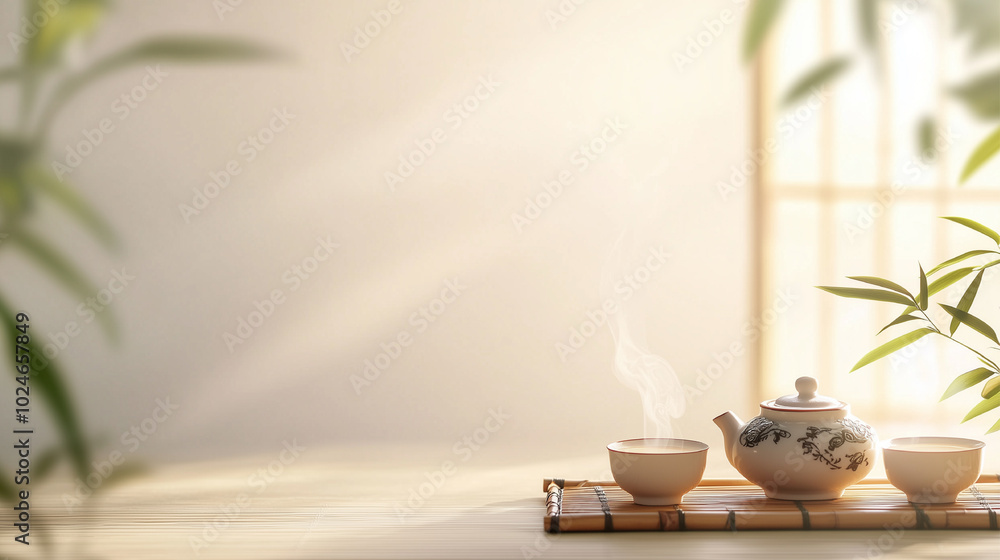 A tea set with two cups and a teapot on a table. The cups are white and the teapot is black. The scene is peaceful and relaxing, with the steam from the teapot adding to the calming atmosphere A tea set with two cups and a teapot on a table. The cups are white and the teapot is black. The scene is peaceful and relaxing, with the steam from the teapot adding to the calming atmosphere