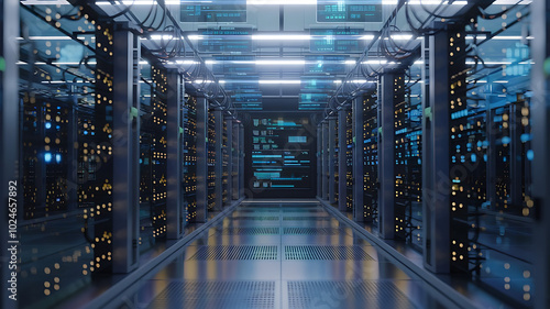 high-tech data warehouse, featuring rows of modern servers with blinking lights in a vast, secure facility, data center, big data