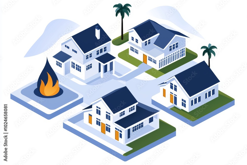 Illustration of a neighborhood with clearly marked evacuation zones, demonstrating community disaster preparedness Illustration of a neighborhood with clearly marked evacuation zones, demonstrating community disaster preparedness