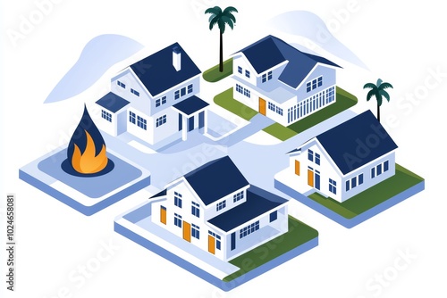 Illustration of a neighborhood with clearly marked evacuation zones, demonstrating community disaster preparedness