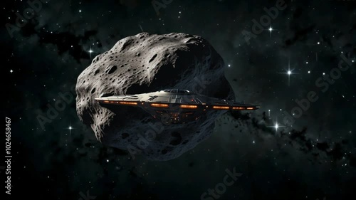 Alien spaceship flies to huge asteroid.