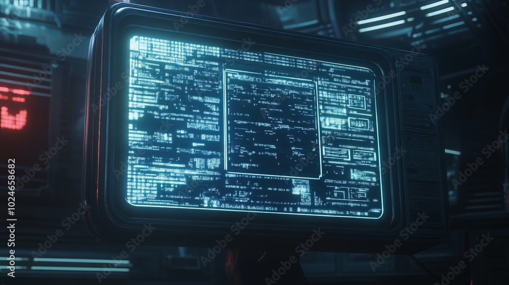 Futuristic Cyberpunk Monitor with Glowing Digital Code Futuristic Cyberpunk Monitor with Glowing Digital Code