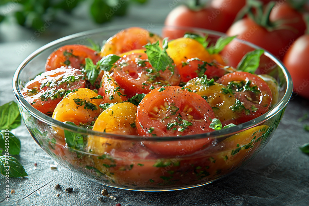Fresh tomato and herb salad in a glass bowl on a wooden table Fresh tomato and herb salad in a glass bowl on a wooden table