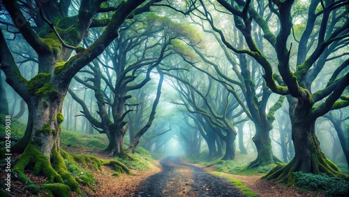 Spooky scene of haunted forest path with gnarled trees, creeping fog photo