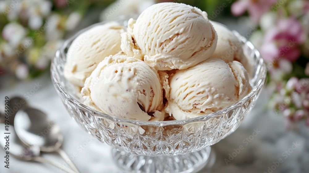 Gourmet vanilla bean ice cream in a crystal bowl, luxury dessert concept Gourmet vanilla bean ice cream in a crystal bowl, luxury dessert concept