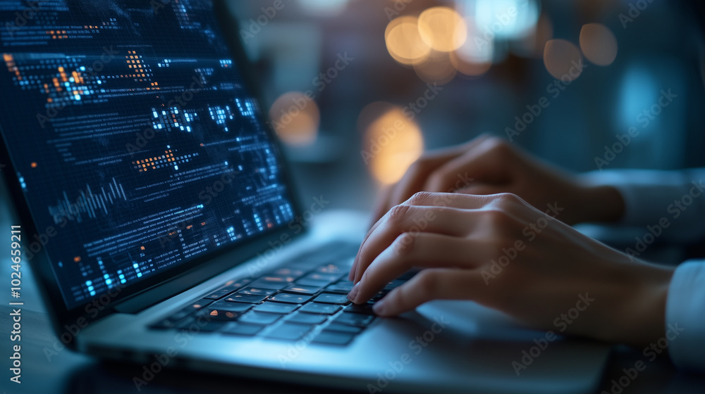 A close-up of a businesswomanâs hands typing on a laptop keyboard with a complex data report displayed on the screen, her focused eyes just visible above the edge of the laptop. A close-up of a businesswomanâs hands typing on a laptop keyboard with a complex data report displayed on the screen, her focused eyes just visible above the edge of the laptop.
