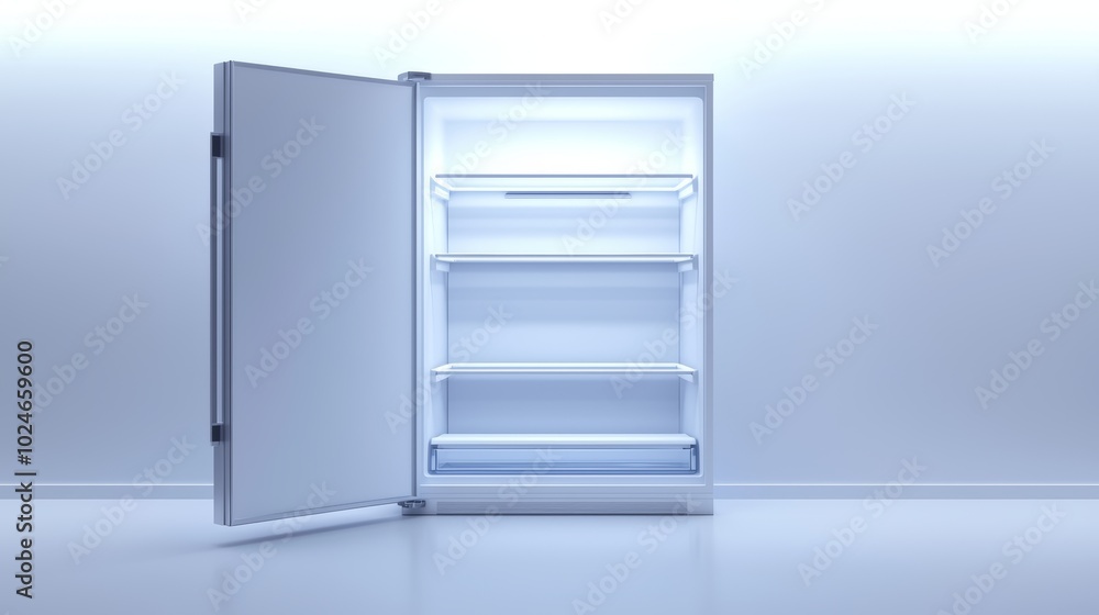 Nearly empty refrigerator with only a single item on the shelf, clean and minimalistic design, representing simplicity or minimal food storage Nearly empty refrigerator with only a single item on the shelf, clean and minimalistic design, representing simplicity or minimal food storage