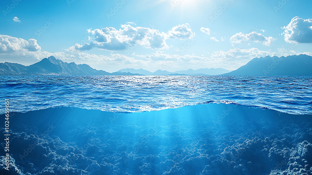 Fototapeta premium Under ocean view with the half out of water