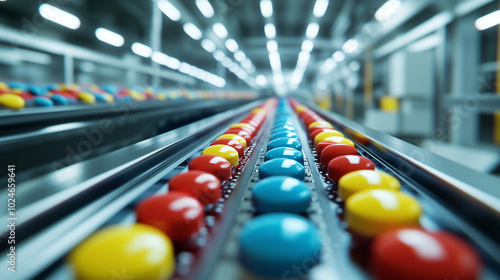 Rows of vibrant red, blue, and yellow tablets neatly aligned as they travel down a fast-moving conveyor belt, surrounded by sterile white walls of a pharmaceutical lab.