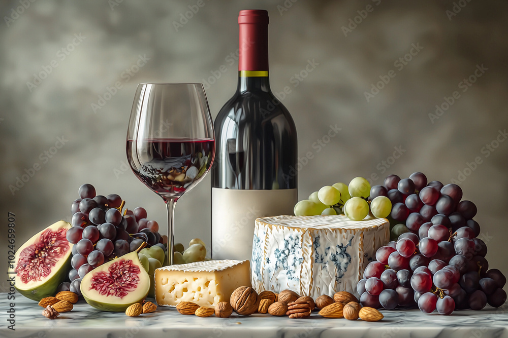 Elegant wine and cheese arrangement with fruits and nuts on a table Elegant wine and cheese arrangement with fruits and nuts on a table