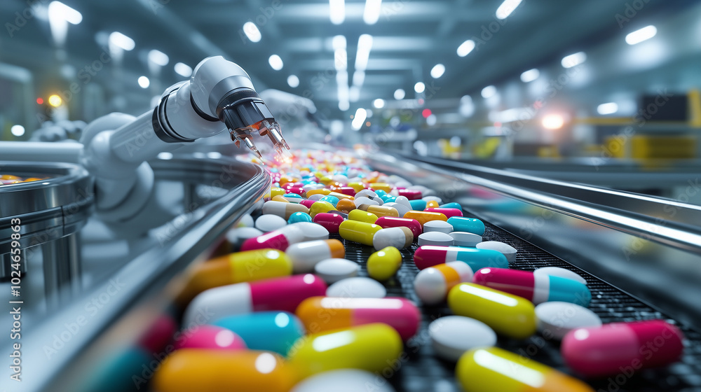 A high-tech conveyor belt transporting an assortment of colorful tablets, with automated robotic arms in the background, gently sorting the pharmaceutical products. A high-tech conveyor belt transporting an assortment of colorful tablets, with automated robotic arms in the background, gently sorting the pharmaceutical products.