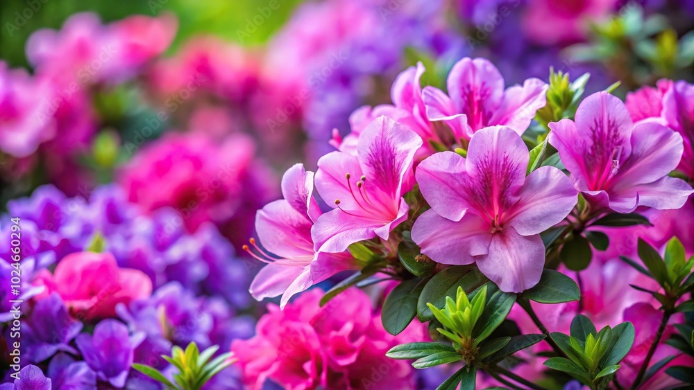Spring background of pink azaleas and purple periwinkle in bloom Spring background of pink azaleas and purple periwinkle in bloom