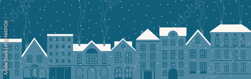 Night city street with cozy old houses. European old town panorama. Panoramic view of empty street at snowy night, evening. Silhouette of Nighttime urban cityscape, scenery in twilight. Flat vector