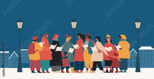 Group of men and women dressed in outerwear singing Christmas carols under the snow. Choir of  singers or carolers Singing Xmas songs on the city street in the night. Flat vector illustration.