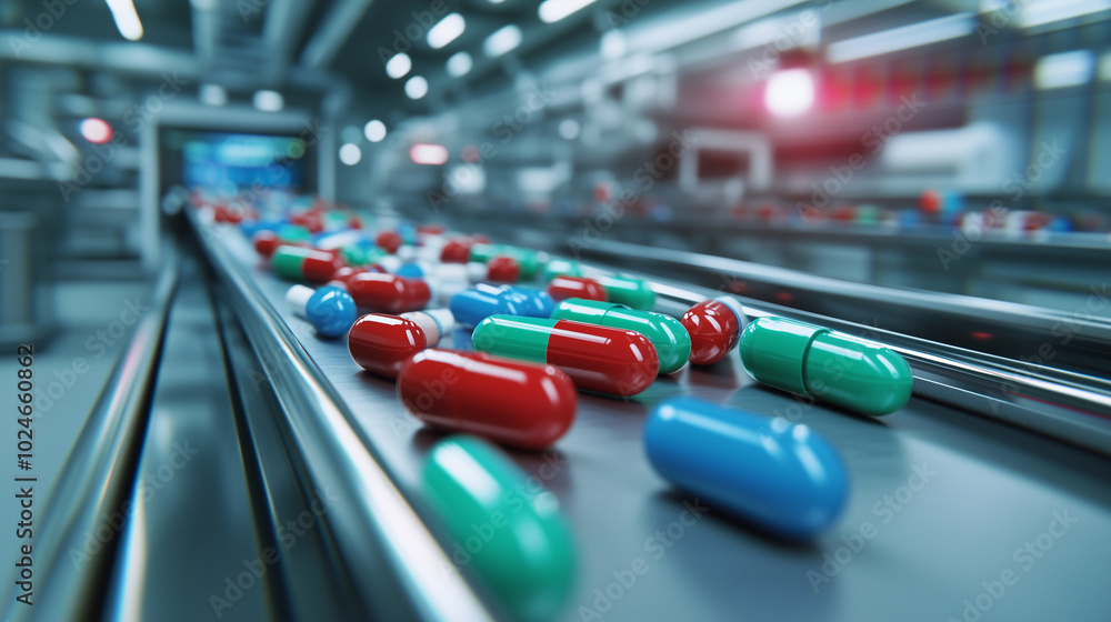 A close-up of a conveyor belt transporting shiny red, blue, and green tablets under an inspection scanner, with the modern pharmaceutical production line visible in the background. A close-up of a conveyor belt transporting shiny red, blue, and green tablets under an inspection scanner, with the modern pharmaceutical production line visible in the background.