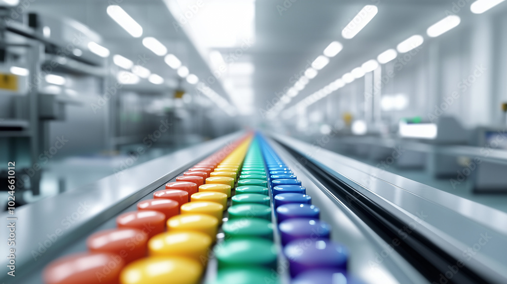 Fototapeta premium A conveyor belt transporting a rainbow of pharmaceutical tablets through an automated sorting system, surrounded by spotless white walls and sleek, modern machinery.