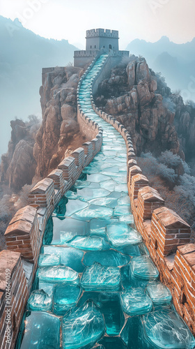 Surreal Glass Path on Ancient Wall in Misty Mountains