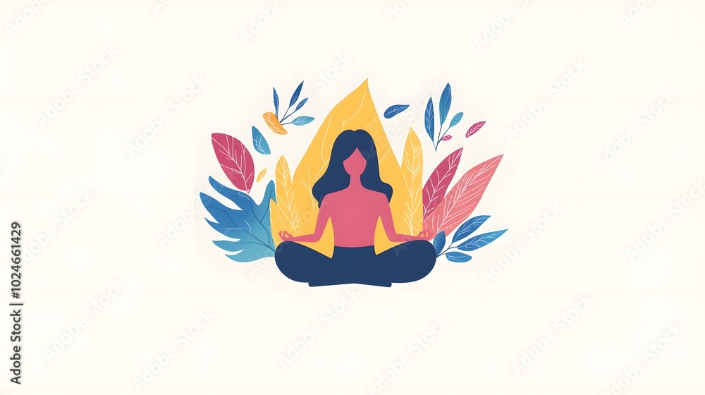 Illustration of a woman meditating, with a flat design featuring colorful elements and leaves around her Illustration of a woman meditating, with a flat design featuring colorful elements and leaves around her