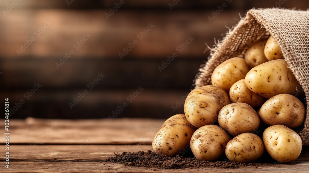 A close-up of a burlap sack filled with freshly dug potatoes, spilling onto a wooden farm table with remnants of soil clinging to the vegetables, showcasing the natural bounty of a A close-up of a burlap sack filled with freshly dug potatoes, spilling onto a wooden farm table with remnants of soil clinging to the vegetables, showcasing the natural bounty of a