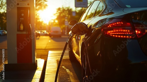 A car at the pump, refueling with unleaded petrol, sunlight casting soft shadows over the scene.