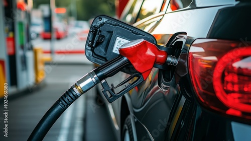 A car being refueled at a modern gas station, unleaded petrol nozzle inserted, pump display showing fuel price.